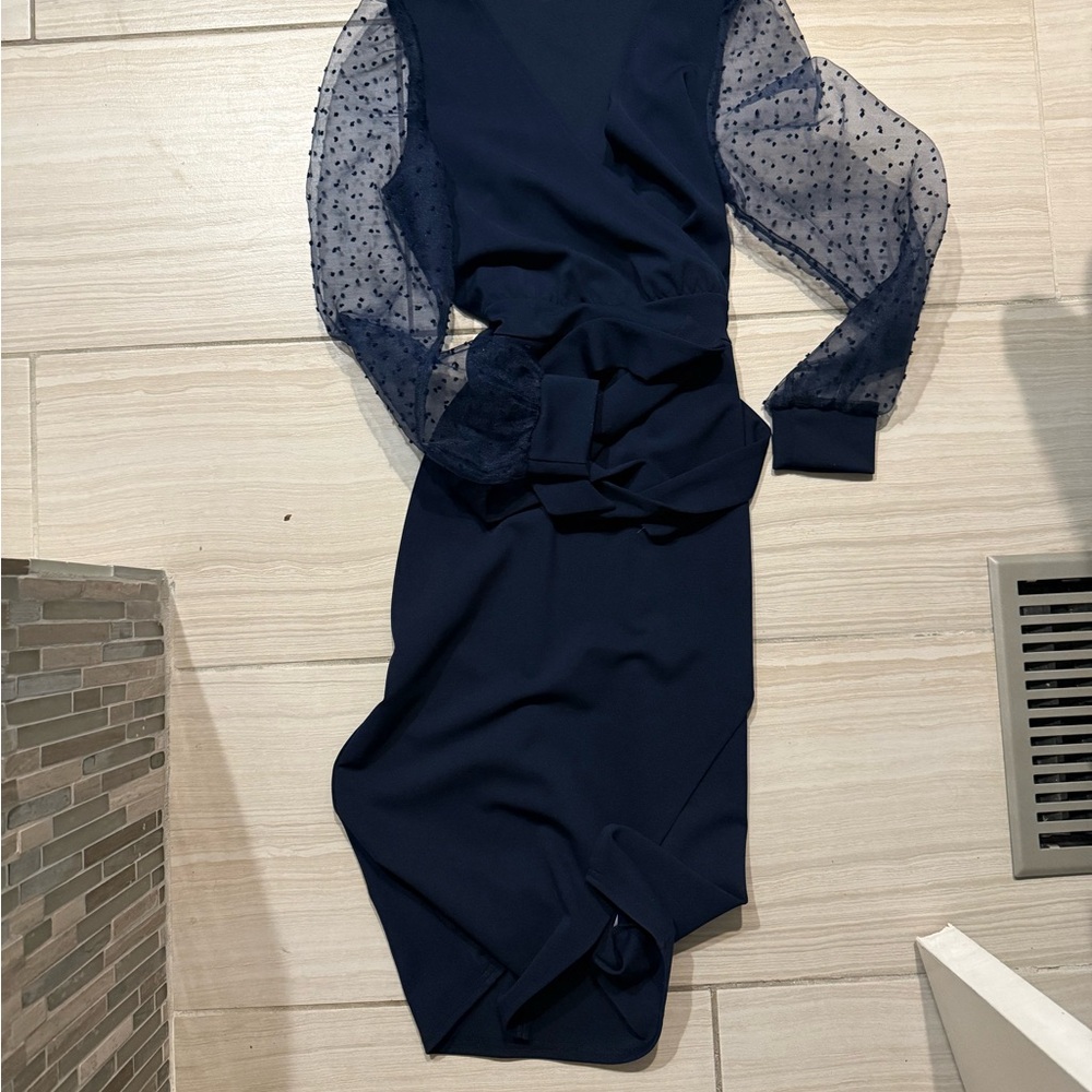 Chic Long Sleeve Navy Dress with Polka Dot Sheer Sleeves